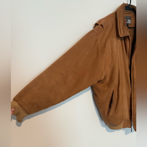 Vintage Tan Bomber Jacket with Ribbed Cuffs and Native American Wolf Style - Picture 4 of 8